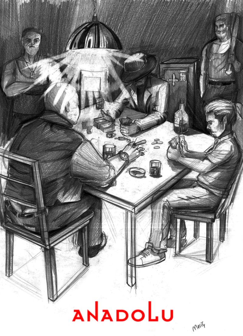 İmgesel karakalem kahvede oyun oynayanlar Çukurovada